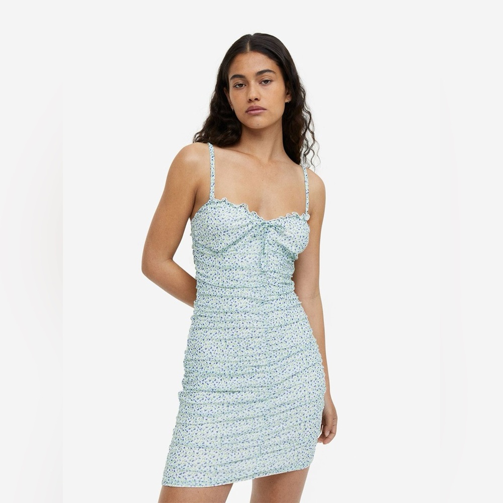H&M Mini Floral Ruched Mesh Scrunch Bodycon Dress Size Small White Blue